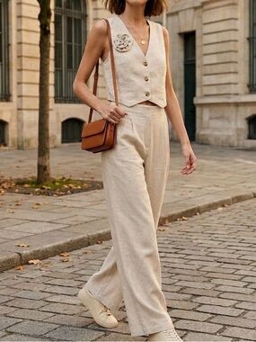 NWT Vest & Wide Leg Pant Boutique Oatmeal Set